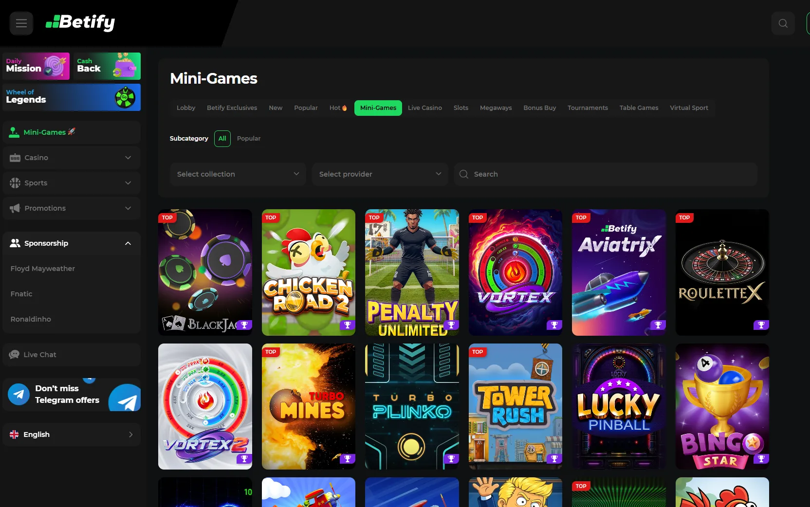 Section crash games et mini-jeux Betify dotés du système Provably Fair avec Chicken Road 2, Penalty Unlimited, Aviatrix et Turbo Mines