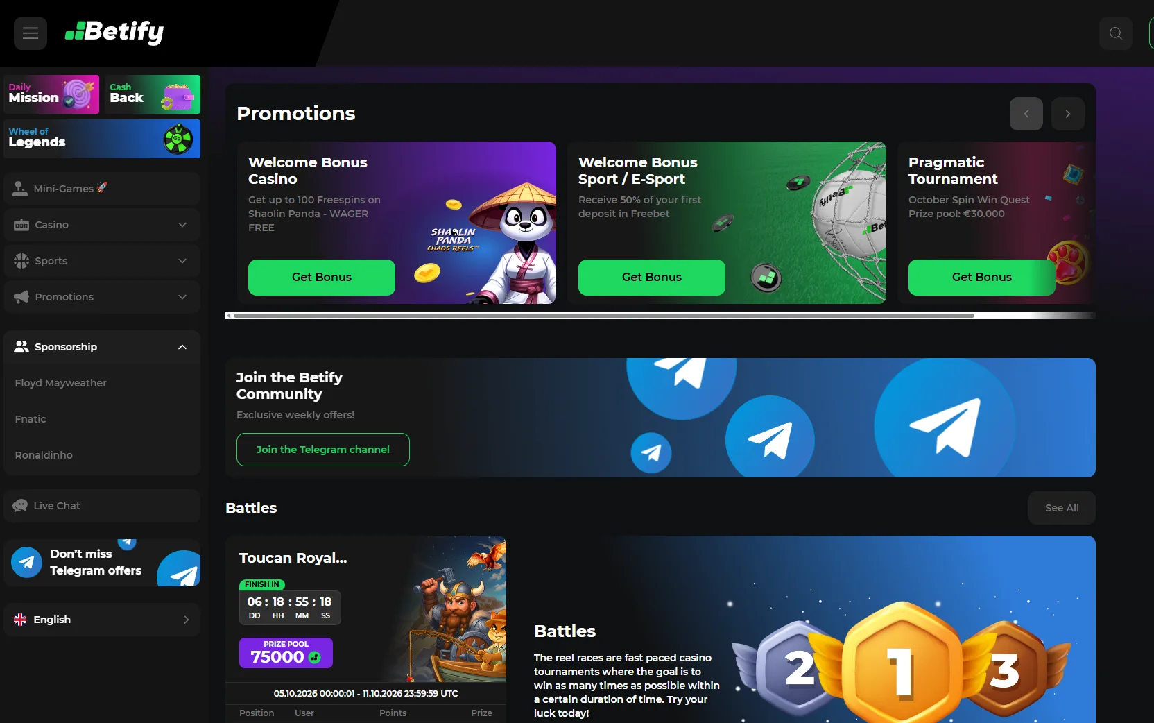 Page des promotions et bonus Betify avec l'offre de bienvenue jusqu'à 3 000 euros, 300 tours gratuits et freebets sportifs